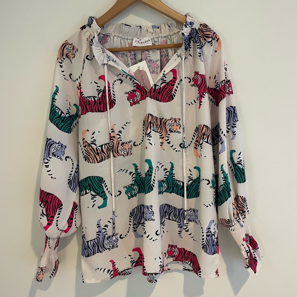 First Love by Lovelyn Multicolor Tiger Print Blouse Size Small (NWT)